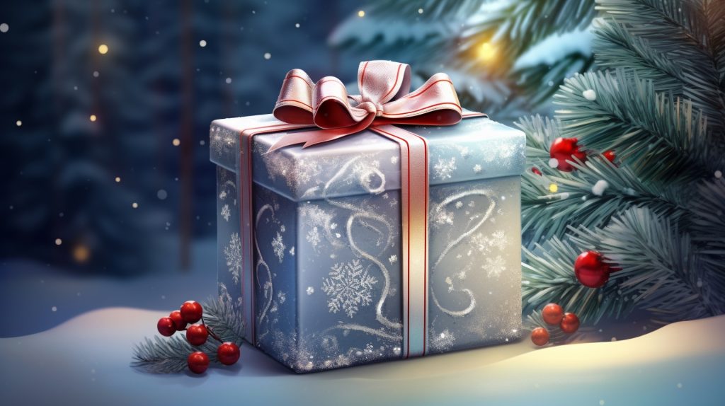 Christmas gift box covered in snow, with vibrant red berries nearby, creating a cheerful holiday scene.